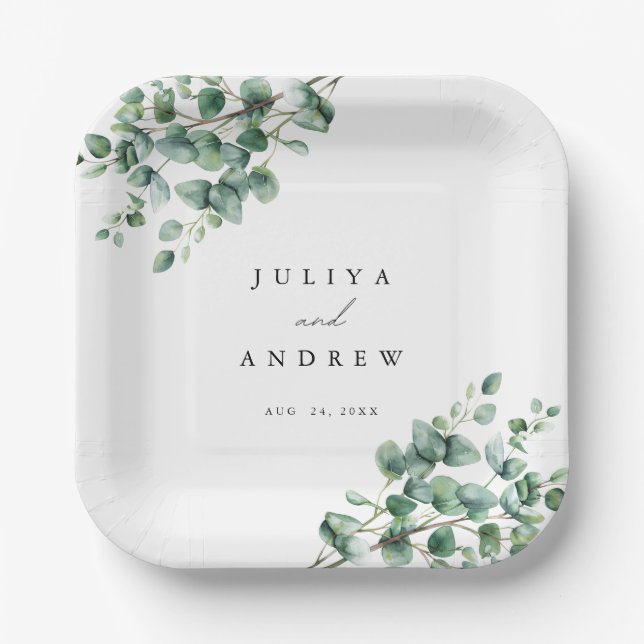 Plato De Papel Greenery Eucalyptus script wedding  (Anverso)