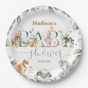 Plato De Papel Greenery Farm Animales Género Baby Shower Neutral