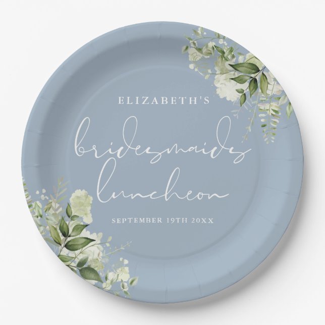 Plato De Papel Greenery Floral Polvoriento Azul Bridesmaids Lunch (Anverso)