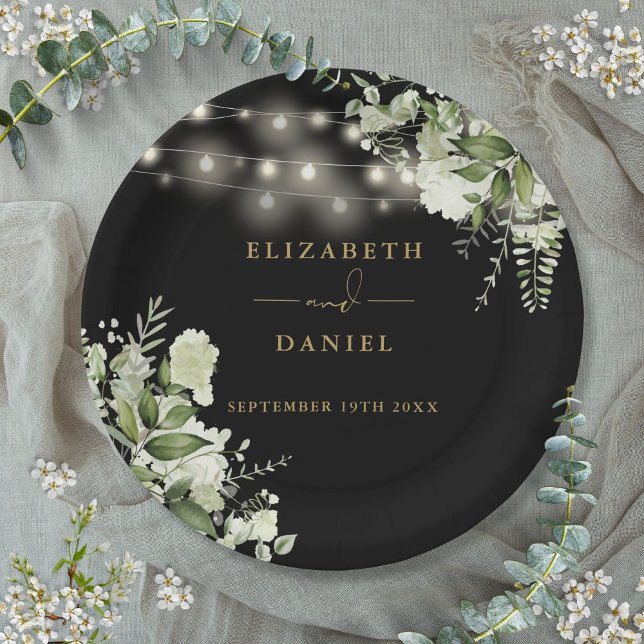 Plato De Papel Greenery Floral String Luces Black Gold Boda (Greenery Floral String Lights Black Gold Wedding Paper Plates)