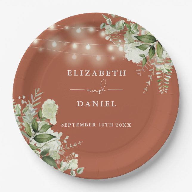 Plato De Papel Greenery Floral String Luces Terracotta Boda (Anverso)
