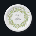 Plato De Papel Greenery Foliage Wreath Boda<br><div class="desc">Elegante follaje color agua verde marcos de flor de flores sus nombres y fecha boda en letras gris pizarra de moda. COINCIDIENDO con los artículos de nuestra tienda.</div>