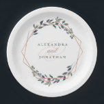 Plato De Papel Greenery Geo | Rosa Boda de oro<br><div class="desc">Estos elegantes platos de papel de boda presentan una forma geométrica de oro rosa falsa rodeada de hermosas ramas verdes,  con un elegante texto moderno y caligrafía.</div>