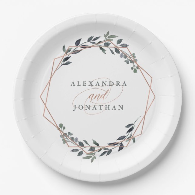 Plato De Papel Greenery Geo | Rosa Boda de oro (Anverso)