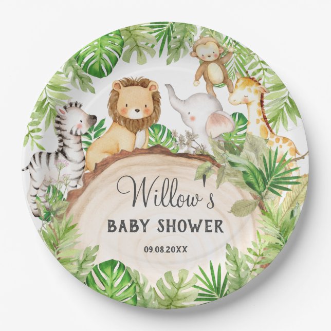 Plato De Papel Greenery Jungle Animals Baby Shower Primer cumplea (Anverso)