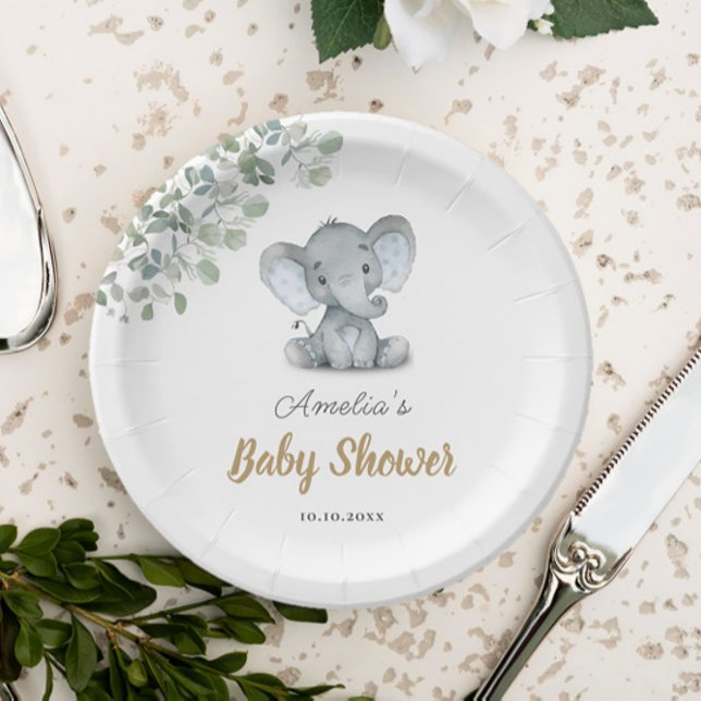 Plato De Papel Greenery Little Elephant Baby Shower (Subido por el creador)