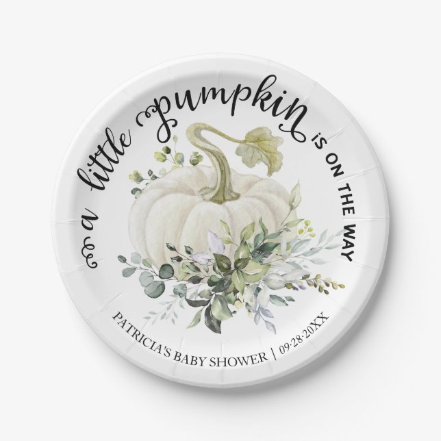 Plato De Papel Greenery Little Pumpkin Otoño Baby Shower (Anverso)