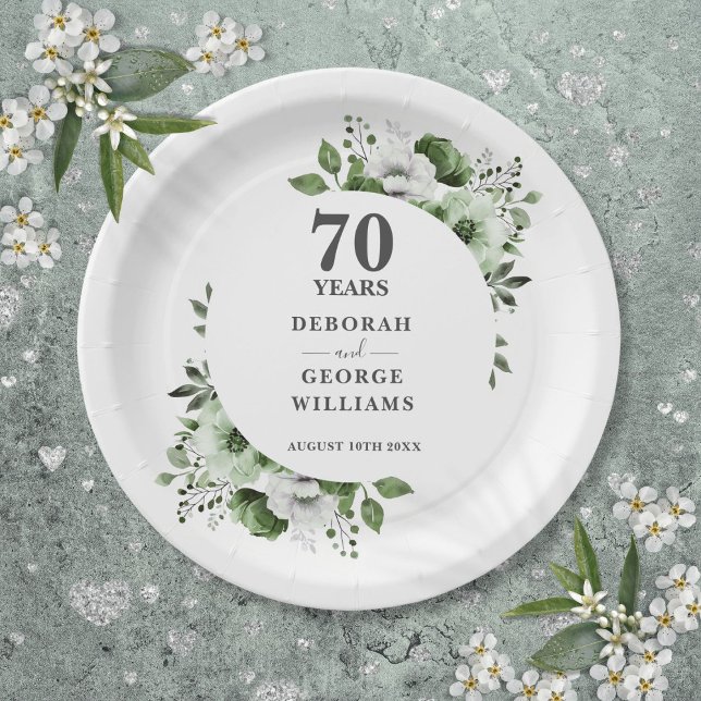 Plato De Papel Greenery moderno para aniversario de bodas de plat (Modern Platinum 70th Wedding Anniversary Greenery Paper Plates)