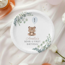 Plato De Papel Greenery Teddy Bear Primer Cumpleaños Género Neutr