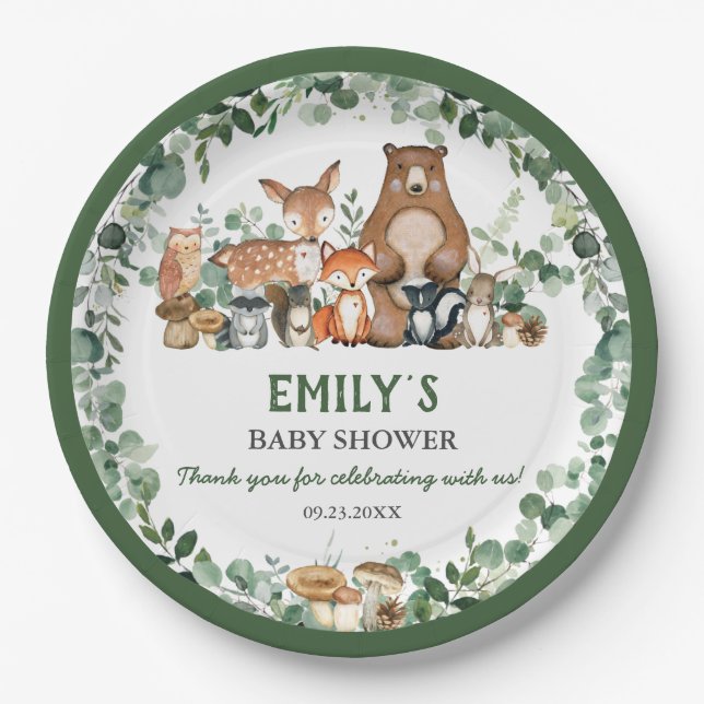 Plato De Papel Greenery Woodland Animales Baby Shower Cumpleaños  (Anverso)