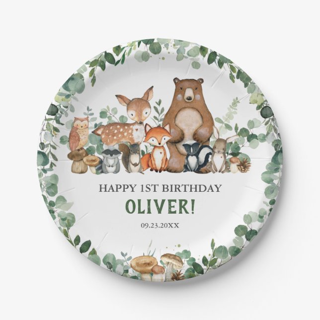 Plato De Papel Greenery Woodland Animals Baby Shower Cumpleaños (Anverso)