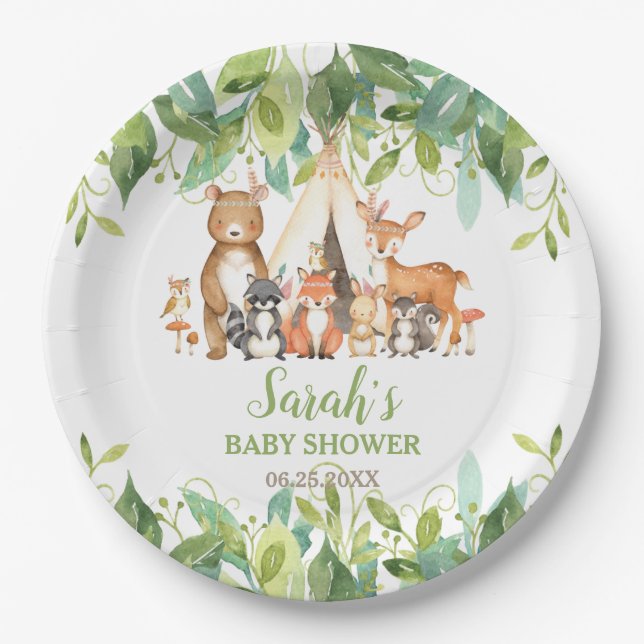 Plato De Papel Greenery Woodland Animals Baby Shower Cumpleaños (Anverso)