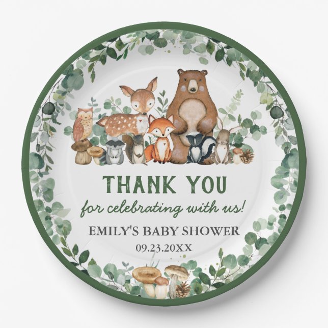 Plato De Papel Greenery Woodland Animals Baby Shower Cumpleaños (Anverso)