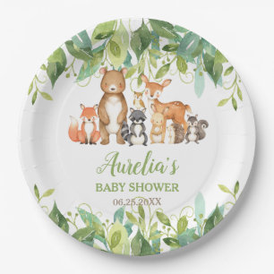 Plato De Papel Greenery Woodland Animals Baby Shower Cumpleaños