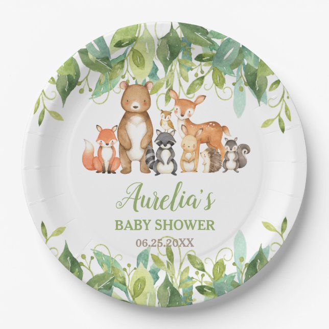 Plato De Papel Greenery Woodland Animals Baby Shower Cumpleaños (Anverso)