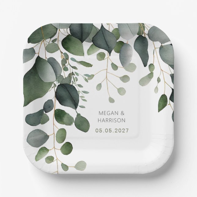 Plato De Papel Greenery y Eucalyptus Boda Gracias (Anverso)