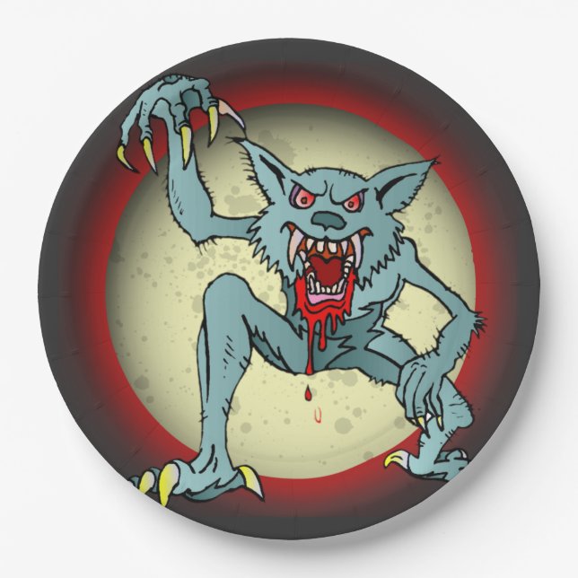 Plato De Papel Greyback Werewolf Sangre Rojo Luna Llena Halloween (Anverso)