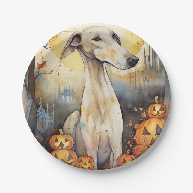 Plato De Papel Greyhound de Halloween con calabazas asustadas (Anverso)