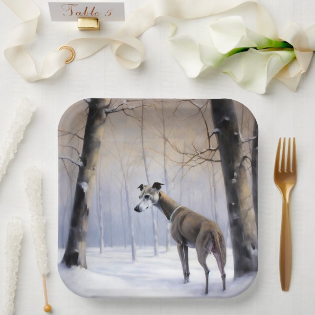 Plato De Papel Greyhound italiano deja que nieve Navidades (Boda)
