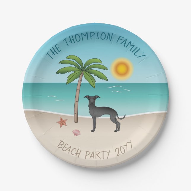 Plato De Papel Greyhound Italiano Negro En La Playa Tropical De V (Anverso)