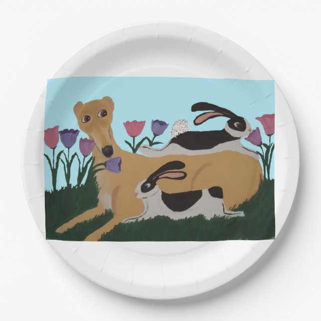 Plato De Papel Greyhound with bunnies (Anverso)