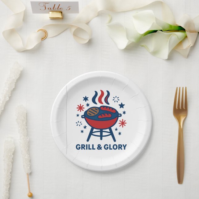 Plato De Papel Grill & Glory 4 de julio Plate de papel BBQ - rojo (Boda)