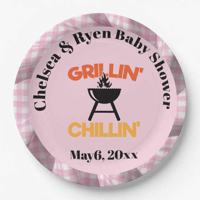 Plato De Papel Grillin&chillin Baby q Gingham baby shower  (Anverso)