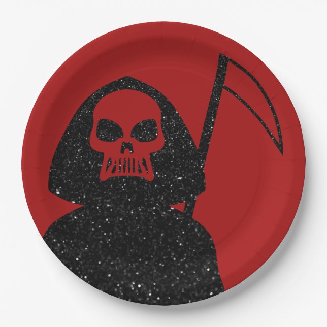 Plato De Papel Grim Reaper Purpurina Halloween (Anverso)
