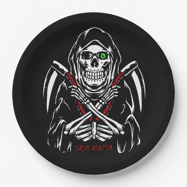 Plato De Papel Grim Reaper Scythe Death Skeleton Bones Halloween (Anverso)