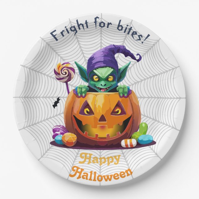 Plato De Papel Grimlin de Halloween con dulces de Truco o Trato (Anverso)