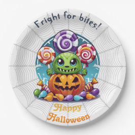 Plato De Papel Grimlin de Halloween con dulces de Truco o Trato