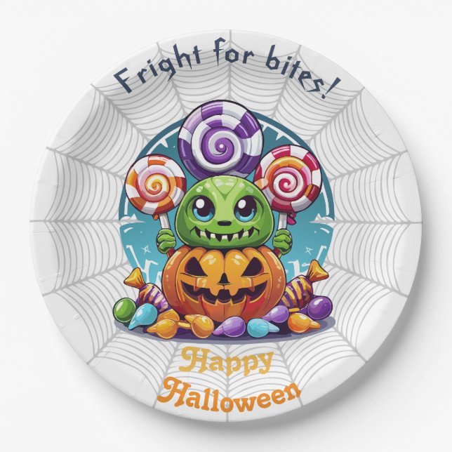 Plato De Papel Grimlin de Halloween con dulces de Truco o Trato (Anverso)