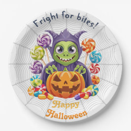 Plato De Papel Grimlin de Halloween con dulces de Truco o Trato