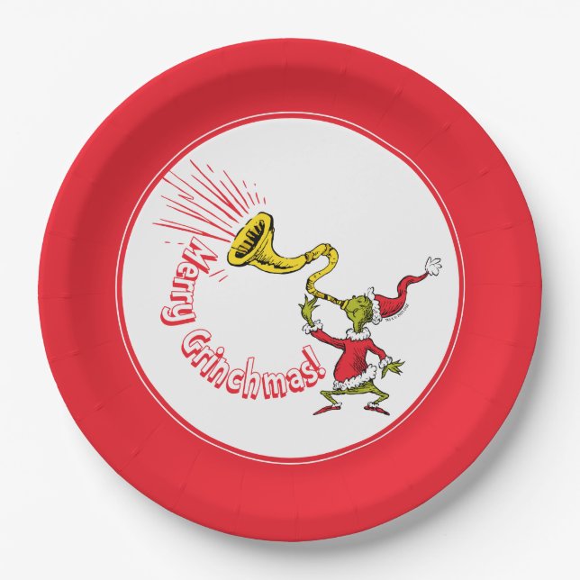 Plato De Papel Grinch Blowing the Merry Grinchmas Horn (Anverso)