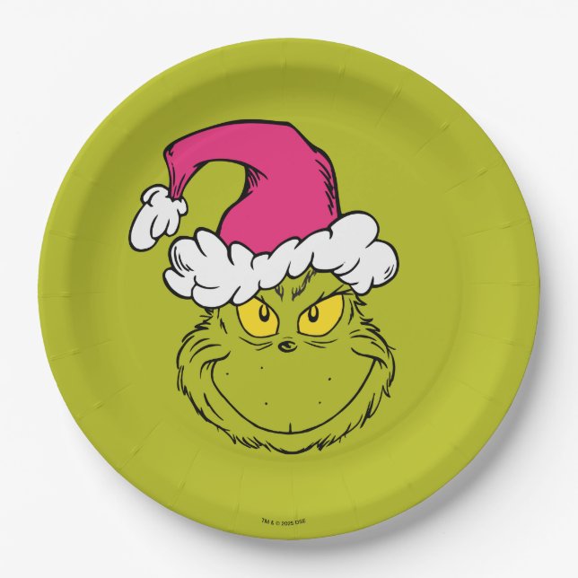 Plato De Papel Grinch con sombrero rosa de Santa (Anverso)