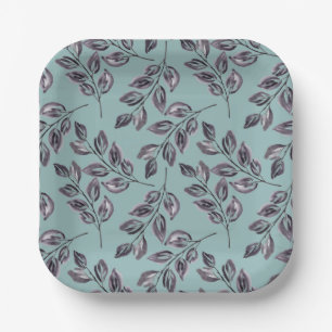 Plato De Papel Gris acuarela, ramas negras sobre un turquesa