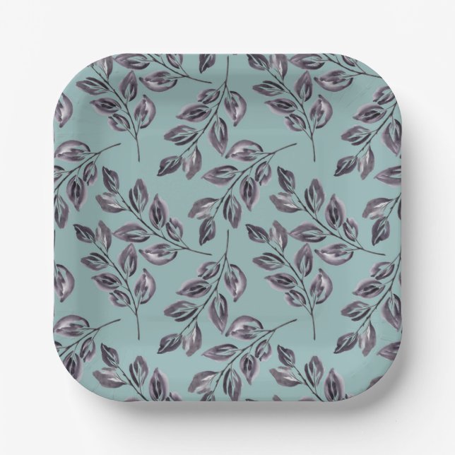 Plato De Papel Gris acuarela, ramas negras sobre un turquesa (Anverso)