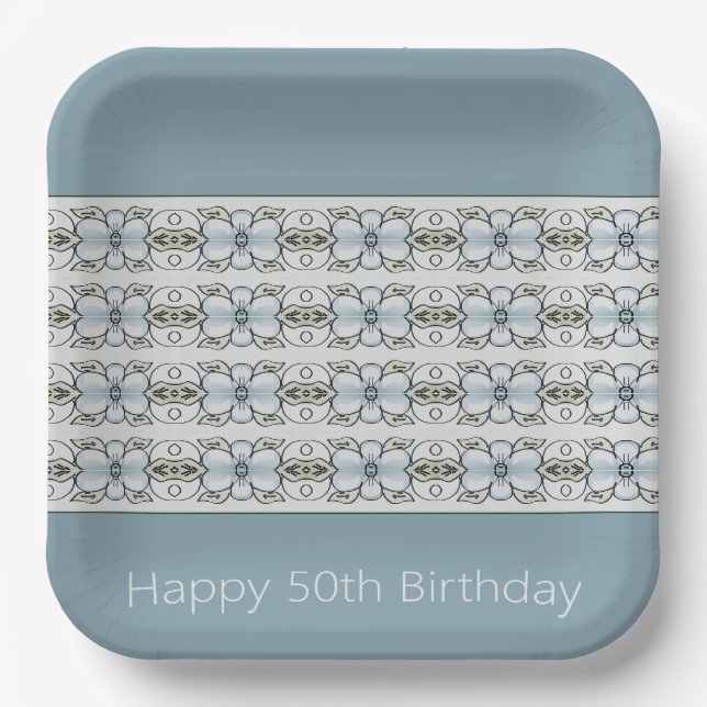 Plato De Papel Gris Azul Floral (Anverso)
