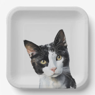 Plato De Papel Gris Black White Kitty Cat
