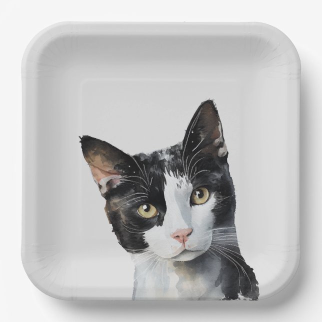 Plato De Papel Gris Black White Kitty Cat (Anverso)