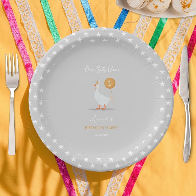 Plato De Papel Gris blanco y amarillo primer cumpleaños Fiesta ga (Subido por el creador)