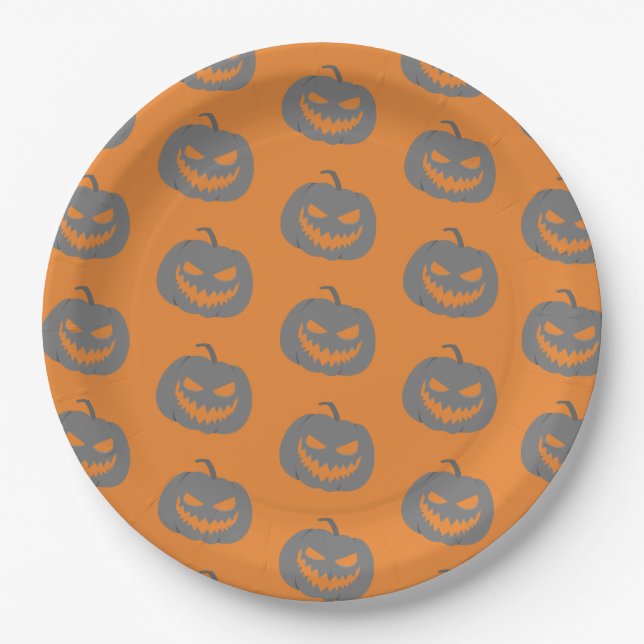 Plato De Papel Gris calabaza y fiesta de Halloween naranja (Anverso)