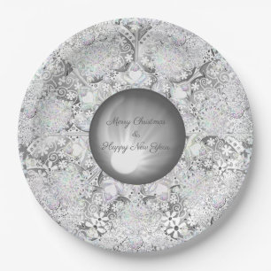 Plato De Papel Gris de encaje cerámico y copo de nieve