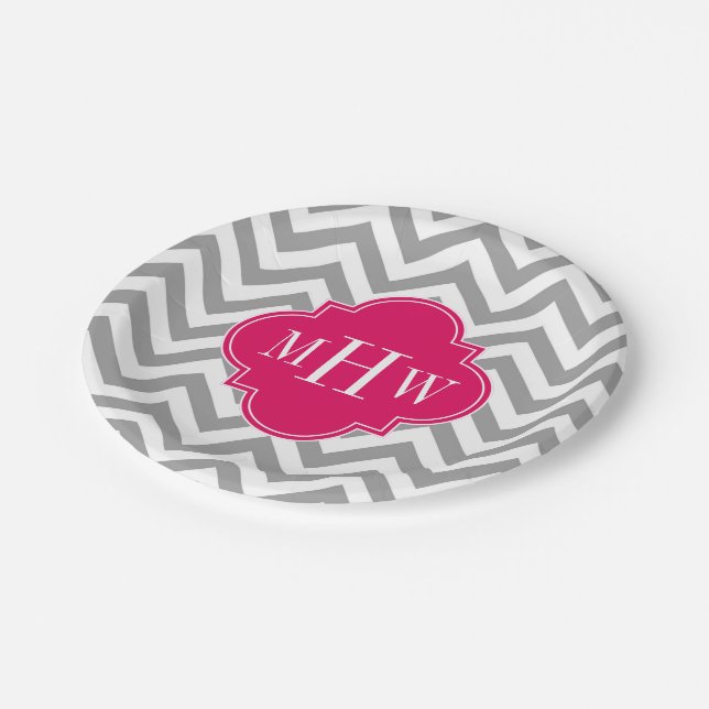 Plato De Papel Gris Dk Lg Chevron Raspberry Quatrefoil 3 Monogram (Angular)
