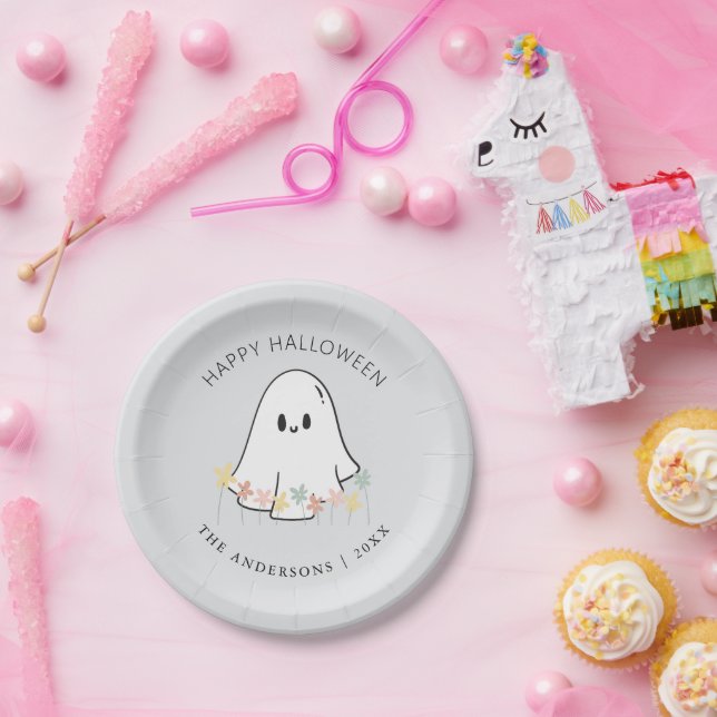 Plato De Papel Gris floral Fantasma lindo Halloween (Fiesta)