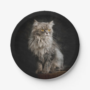 Plato De Papel Gris Fluffy Cat