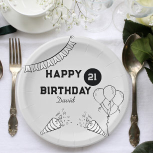Plato De Papel Gris moderno Feliz cumpleaños a cualquier año Pers
