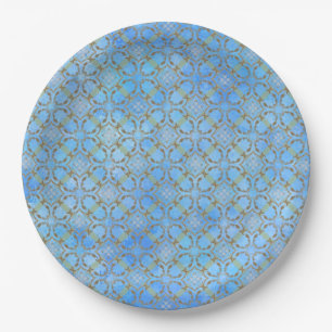 Plato De Papel Gris, Taupe, Azul, Patrón De Diamante Desplegado V