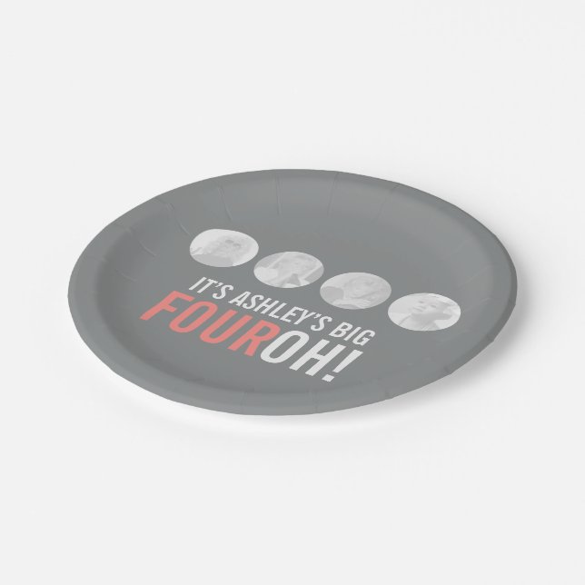 Plato De Papel Gris y rosa 40th FOUROH! cumpleaños de la foto