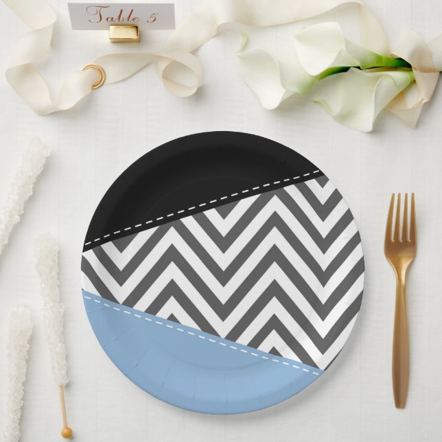 Plato De Papel Gris Zigzag, Gris Chevron, Zigzag Pattern, Azul (Boda)